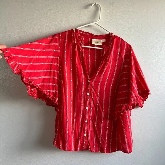 Maeve by Anthropologie Red Ruffle Wide Sleeve Top, Size Medium - Picture 6 of 6